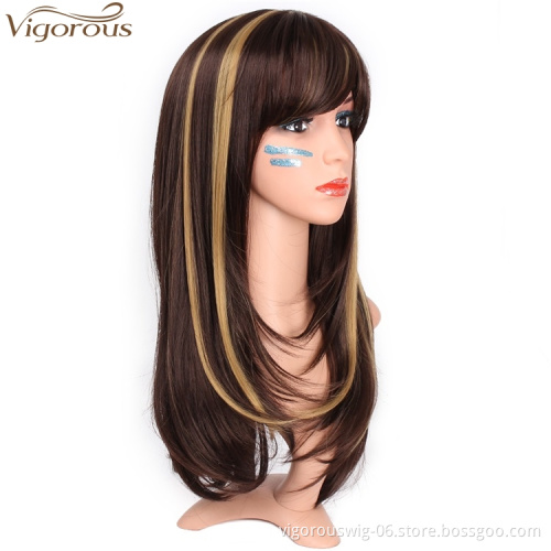Vigorous Long Silky Straight Dark Brown Highlight Heat Resistant Smooth Synthetic Wig with Inclined Bangs for Women